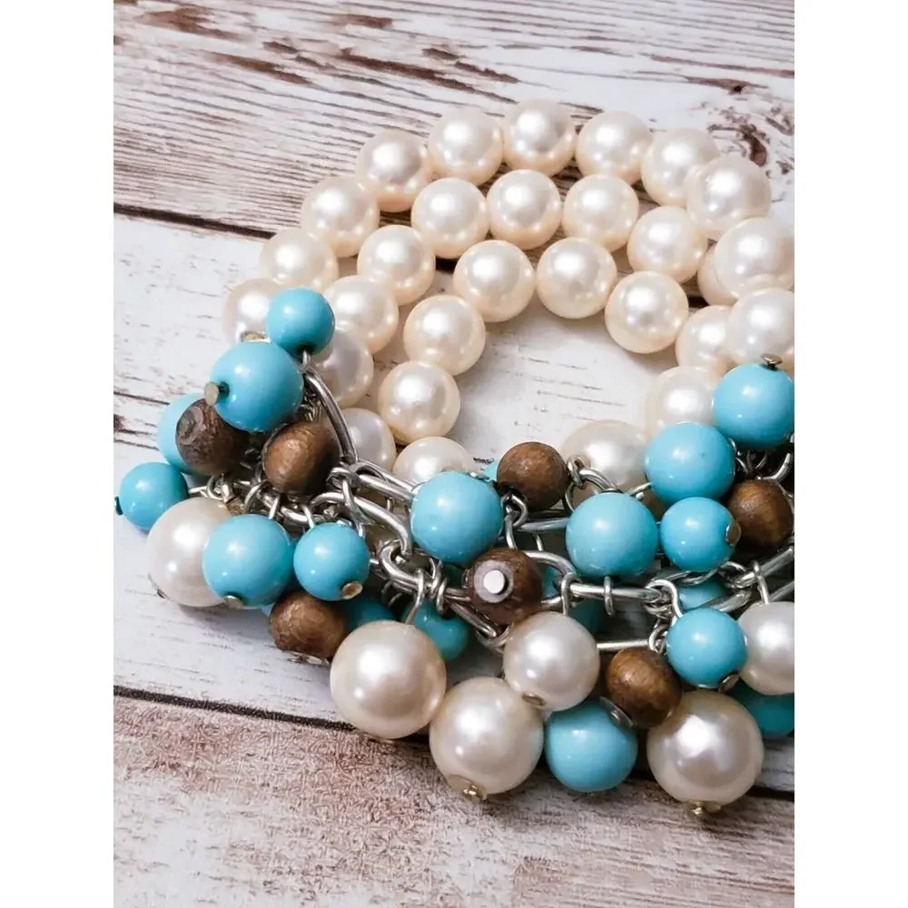 Vintage Bracelet / Bangle - Faux Pearl and Blue & Brown Tones